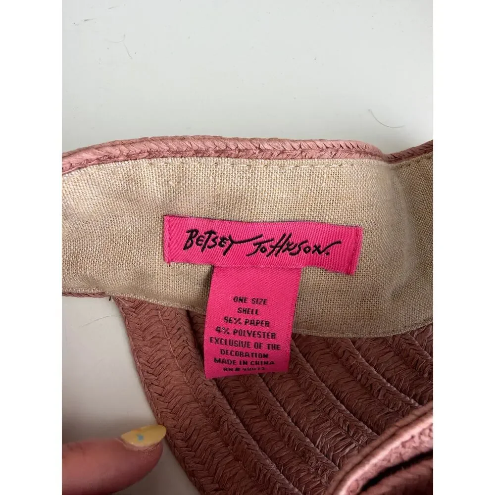 Betsey Johnson Cabow Cutie Blush Straw Visor Bow Gold Logo Heart One Size